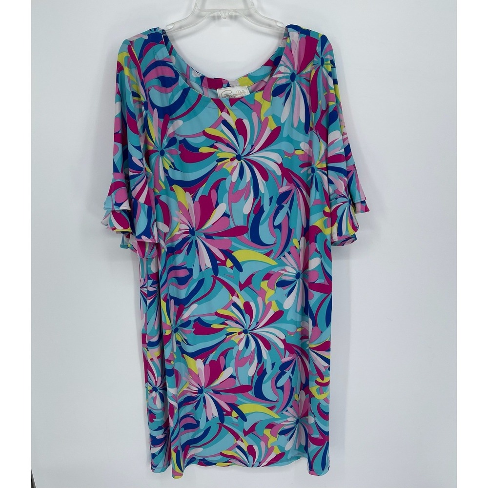 Pappagallo Women's Multicolor Floral Abstract Ruffle Sleeve Shift Dress Size 2X